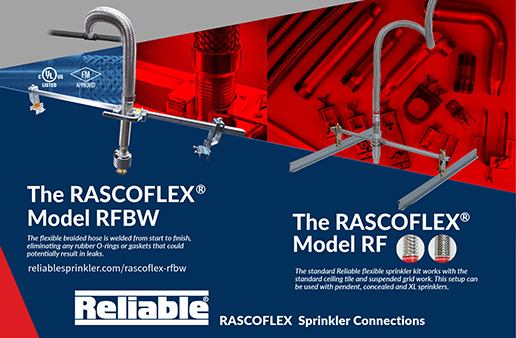 a colorful red, blue and grey ad in Reliable branded 1/2 page advertisment for The RASCOFLEX Model RFBW and Model RF with images of the RASCOFLEX Sprinkler Connections